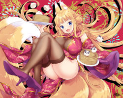 Rule 34 | 1girl, :d, animal ear fluff, animal ears, baozi, blonde hair, blue eyes, blush, braid, breasts, brown thighhighs, china dress, chinese clothes, detached sleeves, double bun, dress, food, fox ears, fox tail, hair bun, high heels, large breasts, long hair, looking at viewer, miyano ururu, multiple tails, no panties, open mouth, original, purple footwear, red dress, short dress, smile, solo, tail, thighhighs, twin braids, two tails, very long hair