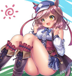 Rule 34 | 1girl, animal ears, boots, breasts, brown hair, commentary request, hair ornament, hairclip, hat, horse ears, horse girl, horse tail, looking at viewer, matikane tannhauser (umamusume), medium breasts, medium hair, simple background, sitting, solo, tail, takeponi, thighs, umamusume, yellow eyes