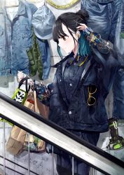 Rule 34 | 1girl, absurdres, arm up, bag, black hair, blue hair, blush, brown eyes, closed mouth, earrings, from side, hair bun, hair ornament, hairclip, highres, holding, holding bag, jewelry, long sleeves, looking away, multicolored hair, original, osabe tom, power drill, short hair, single hair bun, smile, solo, sunglasses, sunglasses removed, x hair ornament
