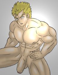 Rule 34 | 1boy, abs, bara, blonde hair, fairy tail, highres, laxus dreyar, male focus, muscular, neon (artist), nude, pectorals, penis, sitting, solo, tagme, testicles