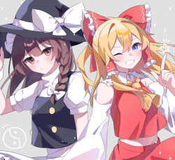 Rule 34 | 2girls, arm up, black hat, black vest, blonde hair, blue eyes, bow, braid, brown eyes, brown hair, commentary request, cosplay, costume switch, detached sleeves, dress, frilled bow, frills, grey background, hair between eyes, hair bow, hakurei reimu, hat, hat bow, hidukihumi, highres, index finger raised, kirisame marisa, long hair, multiple girls, necktie, one eye closed, red bow, red dress, red shirt, shirt, short sleeves, simple background, sleeveless, sleeveless shirt, smile, star (symbol), teeth, touhou, vest, white bow, white dress, white shirt, white sleeves, witch hat, yellow necktie, yin yang, yin yang print