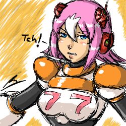 Rule 34 | 1girl, android, blue eyes, blush stickers, bodysuit, borockman, frown, hairpods, headset, streaked hair, lowres, multicolored hair, nana (mega man x: command mission), pink hair, robot ears, mega man (series), mega man x (series), mega man x: command mission, short hair, sketch, solo, white hair