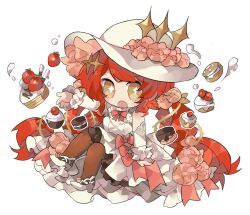 Rule 34 | 1girl, alchemy stars, bow, bowtie, breasts, brown thighhighs, cake, chachamrx, chibi, cupcake, detached sleeves, dress, flower, food, frilled dress, frills, fruit, full body, hair ornament, hair tie, hat, hat flower, hat ornament, high heels, highres, looking at viewer, macaron, official alternate costume, open mouth, pact (alchemy stars), pink flower, red bow, red bowtie, red hair, red ribbon, ribbon, simple background, sitting, sleeveless, sleeveless dress, small breasts, solo, star-shaped pupils, star (symbol), star hair ornament, star hat ornament, strawberry, strawberry shortcake, symbol-shaped pupils, thighhighs, twintails, whipped cream, white background, white dress, white footwear, white hat, yellow eyes