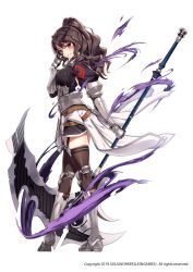 Rule 34 | 1girl, armor, armored boots, armpit cutout, black shirt, black skirt, boots, breasts, brown hair, brown thighhighs, clothing cutout, faulds, full body, garter straps, gauntlets, hand up, holding, holding scythe, knee boots, large breasts, lily bloomerchen, long hair, looking at viewer, looking to the side, miniskirt, official art, parted lips, ponytail, puffy sleeves, rainmaker, red eyes, scythe, shirt, simple background, skirt, smile, solo, soulworker, standing, thighhighs, wavy hair, white background, zettai ryouiki