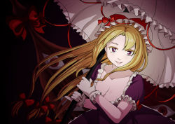 Rule 34 | 1girl, black background, blonde hair, bow, breasts, cleavage, collarbone, colored eyelashes, darkness, dress, female focus, frilled dress, frills, gap (touhou), gloves, hair bow, hat, hat bow, highres, holding, holding umbrella, large breasts, light, lips, long hair, looking at viewer, mob cap, parted lips, pinky out, purple dress, purple eyes, red eyes, ribbon trim, simple background, smile, solo, teeth, touhou, umbrella, velkia, very long hair, white gloves, wind, yakumo yukari