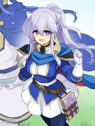 Rule 34 | 1boy, 1girl, alternate costume, alternate hairstyle, belt, blue cape, blue hair, book, brother and sister, cape, circlet, cosplay, fire emblem, fire emblem: genealogy of the holy war, gloves, julia (fire emblem), long hair, looking at viewer, nintendo, open mouth, ponytail, purple eyes, purple hair, seliph (fire emblem), seliph (fire emblem) (cosplay), siblings, skirt, solo focus, white gloves, yukia (firstaid0)