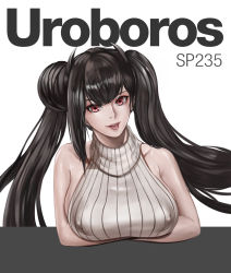 Rule 34 | 1girl, alternate breast size, alternate costume, asymmetrical hair, black hair, breast hold, breast rest, breasts, casual, character name, contemporary, covered erect nipples, eyelashes, eyeliner, gcg, girls&#039; frontline, highres, huge breasts, lips, lipstick, long hair, looking at viewer, makeup, ouroboros (girls&#039; frontline), red eyes, ribbed sweater, sangvis ferri, sideboob, sidelocks, simple background, sleeveless, sleeveless sweater, solo, sweater, table, tongue, tongue out, turtleneck, turtleneck sweater, twintails, very long hair