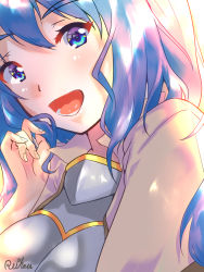 Rule 34 | 1girl, blue eyes, blue hair, blush, brown capelet, capelet, chest guard, commentary request, egnigem cenia, face, hair between eyes, highres, long hair, looking at viewer, open mouth, ragnarok masters, ragnarok online, reihou19, signature, smile, solo, swordsman (ragnarok online)