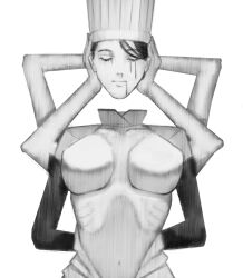 Rule 34 | 1girl, absurdres, blood, blood from mouth, bloody tears, breasts, chainsaw man, chef hat, closed eyes, commentary, disembodied head, extra arms, falling devil (chainsaw man), flat top chef hat, greyscale, hat, highres, holding head, large breasts, monochrome, navel, nosebleed, ribs, solo, upper body, xyanaid