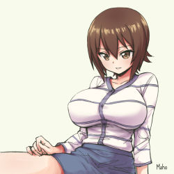 Rule 34 | 10s, 1girl, breasts, brown eyes, brown hair, buttons, casual, character name, eyebrows, girls und panzer, hair between eyes, impossible clothes, large breasts, miniskirt, nishizumi maho, pas (paxiti), short hair, sitting, skirt, solo, striped