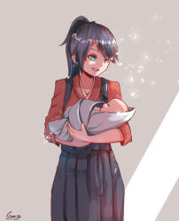 Rule 34 | 1girl, absurdres, artist name, baby, baby carry, black hair, blue eyes, carrying, gar32, grey background, hakama, hakama skirt, highres, houshou (kancolle), japanese clothes, kantai collection, long hair, motherly, ponytail, simple background, skirt, smile, standing, swept bangs
