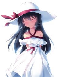 Rule 34 | 1girl, arms behind back, bare shoulders, black hair, blush, bow, closed eyes, closed mouth, commentary, cowboy shot, dress, girls und panzer, hat, hat bow, hat ribbon, highres, kuzuryuu kennosuke, long hair, medium dress, off-shoulder dress, off shoulder, purple bow, purple ribbon, reizei mako, ribbon, simple background, smile, solo, standing, sun hat, white background, white dress, white hat