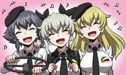 Rule 34 | 10s, 3girls, :d, ^ ^, anchovy (girls und panzer), beamed quavers, black cape, black hair, black necktie, blonde hair, braid, breasts, cape, carpaccio (girls und panzer), closed eyes, girls und panzer, green hair, hair ribbon, hat, holding, holding riding crop, large breasts, long hair, long sleeves, military, military uniform, minazuki juuzou, multiple girls, music, musical note, necktie, open mouth, pepperoni (girls und panzer), quaver, ribbon, riding crop, school uniform, shirt, short hair, singing, smile, twintails, uniform