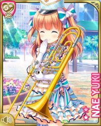 Rule 34 | 1girl, argyle, argyle clothes, argyle legwear, blue eyes, bow, bowtie, brown hair, card (medium), closed eyes, closed mouth, day, girlfriend (kari), hair bow, hat, instrument, looking at viewer, marching band, mary janes, official art, outdoors, qp:flapper, ribbon, shoes, skirt, smile, solo, tagme, thighhighs, tuba, two side up, white hat, white thighhighs, yuuki nae