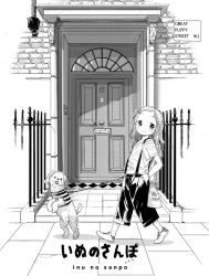 Rule 34 | 1girl, animal, bad id, bad twitter id, closed mouth, clothed animal, copyright name, dog, door, from side, greyscale, hair ornament, hairclip, hands in pockets, highres, inactive account, inu no sanpo, leash, long hair, looking at viewer, masuda (yousaytwosin), monochrome, outdoors, shirt, shoes, short sleeves, shorts, smile, solo, suspender shorts, suspenders