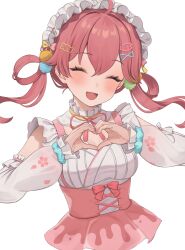 Rule 34 | 1girl, ^ ^, absurdres, blush, breasts, closed eyes, commentary request, cropped torso, detached sleeves, dress, eyelashes, falling petals, hair between eyes, hair ornament, hair rings, hanazawa ma, head tilt, heart, heart hands, highres, hololive, looking at viewer, maid headdress, medium breasts, official alternate costume, open mouth, petals, pink dress, pink hair, sakura miko, sakura miko (new year), smile, solo, transparent background, twintails, upper body, virtual youtuber, white dress