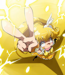 Rule 34 | 10s, 1girl, arm up, blonde hair, blush stickers, bow, bowtie, cure peace, dress, electricity, eyelashes, foreshortening, hair flaps, kise yayoi, long hair, perspective, precure, skirt, smile precure!, solo, surprised, taroimo (takesan), tears, v, wide ponytail, wrist cuffs, yellow background, yellow bow, yellow dress, yellow eyes, yellow skirt, yellow theme