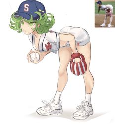 Rule 34 | 1girl, :t, ass, ball, baseball, baseball cap, baseball glove, bent over, breasts, chewing, cleavage, commentary, crop top, downblouse, english commentary, full body, green eyes, green hair, hat, highres, holding, holding ball, one-punch man, pantylines, photo inset, playing sports, rakeemspoon, reference inset, reference photo, shoes, short hair, shorts, small breasts, sneakers, socks, solo, tatsumaki, white footwear, white shorts, white socks