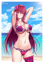 Rule 34 | 1girl, absurdres, arms behind head, beach, bikini, blue sky, breasts, cleavage, cloud, cowboy shot, day, fate/grand order, fate (series), highres, large breasts, bridal garter, light rays, long hair, looking at viewer, navel, ocean, outdoors, pink bikini, red eyes, red hair, scathach (fate), scathach (fate), scathach (swimsuit assassin) (fate), sky, solo, standing, sunbeam, sunlight, swimsuit, underboob, xiao gen