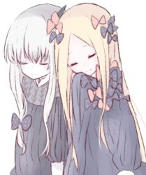 Rule 34 | 2girls, abigail williams (fate), black bow, black dress, blonde hair, bow, closed eyes, closed mouth, dress, fate/grand order, fate (series), hair bow, horns, lavinia whateley (fate), leaning on person, long hair, long sleeves, multiple girls, no headwear, orange bow, parted bangs, polka dot, polka dot bow, ruten (onakasukusuku), simple background, single horn, sleeping, smile, very long hair, white background, white hair