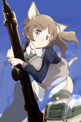 Rule 34 | 00s, 1girl, alternate hairstyle, animal ears, blue eyes, breasts, brown hair, cat ears, cat tail, gun, kazamidori, kazamidori (lumq), large breasts, long hair, lynette bishop, solo, strike witches, striker unit, striped, tail, thighhighs, weapon, world witches series