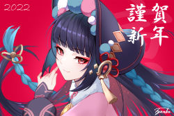 Rule 34 | 1girl, 2022, black hair, black headwear, blue hair, blunt bangs, bonnet, braid, closed mouth, commentary request, eyeshadow, floating hair, from side, fur collar, genshin impact, hand up, happy new year, highres, lolita fashion, long hair, looking at viewer, looking to the side, makeup, multicolored clothes, multicolored hair, multicolored headwear, new year, qi lolita, red background, red eyes, red eyeshadow, sidelocks, signature, sleeves past wrists, smile, solo, star (symbol), tassel, tyenka7728, upper body, vision (genshin impact), yun jin (genshin impact)