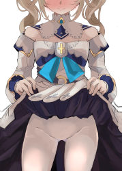 Rule 34 | 1girl, 4may3week, barbara (genshin impact), bare shoulders, blonde hair, blue eyes, blush, clothes lift, cross, dress, drill hair, genshin impact, gluteal fold, groin, hat, head out of frame, highres, nervous smile, nose blush, pantyhose, simple background, skirt, skirt lift, smile, sweat, twin drills, white background, white dress, white pantyhose