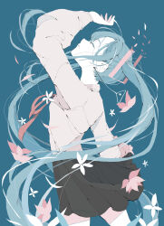 Rule 34 | 1girl, absurdres, black skirt, blue background, blue hair, closed eyes, closed mouth, commentary request, cowboy shot, dissolving, earrings, facing up, falling flower, floating hair, flower, from side, hair between eyes, hair ornament, hair ribbon, hand up, hatsune miku, highres, jewelry, long hair, long sleeves, miku day, nocopyrightgirl, pale skin, pink flower, pleated skirt, ribbon, shirt, skirt, solo, twintails, very long hair, vocaloid, white flower, white shirt