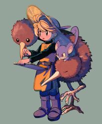 Rule 34 | 1girl, belt, belt buckle, black eyes, black shirt, blonde hair, blue pants, boots, brown belt, buckle, crayon, creatures (company), doduo, feathers, game freak, gen 1 pokemon, green background, hat, highres, holding, holding crayon, holding sketchbook, light blush, looking to the side, multiple heads, nintendo, ok ko19, pants, pants tucked in, pokemon, pokemon adventures, rattata, red eyes, shirt, sketchbook, smile, straw hat, turtleneck, turtleneck shirt, yellow (pokemon), yellow tunic