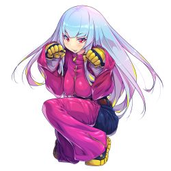 Rule 34 | 1girl, :p, belt, black pants, blue hair, blunt bangs, blush, breasts, chaps, commentary request, covered erect nipples, cropped jacket, full body, gloves, gradient hair, highres, jacket, kula diamond, long hair, looking at viewer, medium breasts, multicolored hair, on one knee, pants, paw pose, pink hair, pink jacket, red eyes, shoes, sneakers, solo, squatting, the king of fighters, the king of fighters 2000, tongue, tongue out, two9one, yellow gloves, zipper pull tab