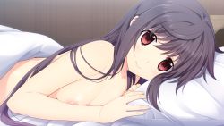 Rule 34 | 1girl, bed sheet, black hair, blanket, blush, breasts, game cg, iizuki tasuku, lil coulier, long hair, looking at viewer, lying, nipples, pillow, red eyes, seikishi melty lovers, small breasts, smile, solo, topless