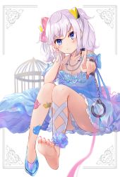 Rule 34 | 1girl, :t, arm support, birdcage, blue dress, blue eyes, blue flower, blue footwear, blue rose, blue sleeves, blurry, blurry background, bow, breasts, cage, cleavage, closed mouth, collarbone, commentary request, cuffs, depth of field, detached sleeves, dress, fingernails, flower, full body, hair bow, hand on own face, handcuffs, highres, jewelry, kaguya luna, medium breasts, nail polish, necklace, omelet tomato, outstretched arm, pink bow, pointing, pointing at viewer, puffy short sleeves, puffy sleeves, red nails, ribbon, rose, shoes, short sleeves, silver hair, single shoe, soles, solo, strapless, strapless dress, the moon studio, virtual youtuber, white background, white ribbon