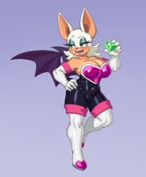 Rule 34 | 1girl, absurdres, animal ears, armor, bare shoulders, bat girl, bat wings, bodysuit, boots, breastplate, breasts, chaos emerald, cleavage, elbow gloves, eyeshadow, fangs, furry, furry female, gloves, green eyes, hand on own hip, highres, large breasts, leg up, makeup, open mouth, riz, rouge the bat, short hair, solo, sonic (series), standing, thigh boots, thighhighs, white gloves, white hair, wings