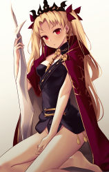 Rule 34 | 1girl, :o, bare legs, barefoot, blonde hair, breasts, cape, earrings, ereshkigal (fate), fate/grand order, fate (series), gradient background, grey background, hair ribbon, jewelry, long hair, looking at viewer, md5 mismatch, medium breasts, parted bangs, polearm, red cape, red eyes, resolution mismatch, ribbon, skull, solo, source larger, spear, tohsaka rin, twintails, two side up, very long hair, weapon, white background, zen33n