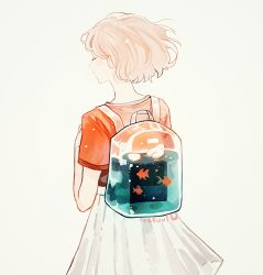 Rule 34 | 1girl, animal, artist name, backpack, bag, bird, closed eyes, fish, floating hair, from behind, hand up, muted color, original, red shirt, shirt, short hair, simple background, skirt, standing, t-shirt, tofuvi, transparent, upper body, water