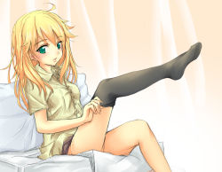 Rule 34 | 1girl, ahoge, black thighhighs, blonde hair, feet, green eyes, hoshii miki, idolmaster, idolmaster (classic), no shoes, outstretched leg, single thighhigh, solo, thighhighs, thighhighs pull