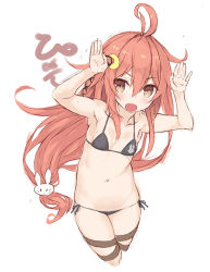 Rule 34 | 10s, 1girl, ahoge, alternate costume, arms up, bikini, bunny ears gesture, commentary request, crescent, crescent hair ornament, cropped legs, goekawa, hair between eyes, hair ornament, hair ribbon, halterneck, kantai collection, long hair, looking at viewer, low-tied long hair, navel, open mouth, pink hair, rabbit hair ornament, rabbit pose, red eyes, ribbon, side-tie bikini bottom, solo, swimsuit, uzuki (kancolle)