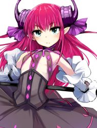 Rule 34 | 1girl, aqua eyes, arched back, armpits, arms behind back, closed mouth, commentary request, curled horns, detached sleeves, dragon girl, dragon horns, elizabeth bathory (fate), elizabeth bathory (fate/extra ccc), elizabeth bathory (first ascension) (fate), eyelashes, fate (series), flat chest, frilled sleeves, frills, hair spread out, highres, horns, leaning back, long hair, looking at viewer, momo (higanbana and girl), outstretched arms, petite, pink hair, pointy ears, polearm behind back, purple horns, simple background, slit pupils, solo, tsurime, white background, white sleeves