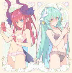 Rule 34 | 2girls, aqua hair, bare arms, bare shoulders, bikini, black bikini, blue eyes, blush, breasts, bug, butterfly, cellphone, cleavage, closed mouth, collarbone, commentary request, cowboy shot, curled horns, elizabeth bathory (fate), elizabeth bathory (fate/extra ccc), fate/grand order, fate (series), finger cots, frilled bikini, frills, highres, hip bones, holding, holding phone, horn ornament, horns, insect, kiyohime (fate), kiyohime (fate/grand order), kiyohime (swimsuit lancer) (fate), long hair, looking at phone, multiple girls, navel, nose blush, parted lips, phone, pointy ears, red hair, saipaco, sidelocks, small breasts, smartphone, smile, sparkle, stomach, swimsuit, tail, very long hair, white bikini, yellow eyes