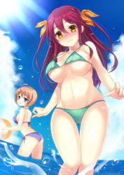 Rule 34 | 2girls, ass, bad id, bad pixiv id, bikini, blue eyes, blush, brown hair, cloud, day, full-face blush, harimoji, highres, light rays, long hair, looking at viewer, looking back, multiple girls, ocean, open mouth, orange eyes, original, outdoors, red hair, short hair, sky, striped bikini, striped clothes, sunbeam, sunlight, swimsuit, thigh gap, twintails, two side up, wading, wardrobe malfunction, water