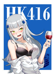Rule 34 | 1girl, absurdres, alternate costume, black bra, blue hair, blush, bra, breasts, character name, cleavage, cup, drinking glass, girls&#039; frontline, green eyes, griffin &amp; kryuger, hair ornament, hairclip, highres, hk416 (girls&#039; frontline), holding, holding cup, light blue hair, llaos, long hair, looking at viewer, medium breasts, open clothes, open mouth, open shirt, red wine, shirt, sidelocks, simple background, sleeves rolled up, solo, standing, teardrop facial mark, teardrop tattoo, teeth, underwear, upper body, upper teeth only, white shirt, wine, wine glass