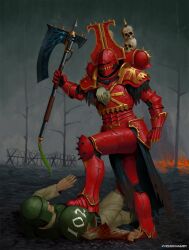 Rule 34 | 1boy, 1girl, absurdres, adepta sororitas, arm up, armor, armored boots, astra militarum, axe, barbed wire, battle axe, boots, breastplate, broken arm, cape, chaos (warhammer), fallen sisters (warhammer), faulds, fire, foot on chest, full armor, gauntlets, greaves, halberd, helm, helmet, highres, hip armor, holding, holding axe, holding sword, holding weapon, houndhammer, khorne, leg armor, looking at another, lying, on back, on ground, outdoors, pauldrons, pelvic curtain, plate armor, polearm, red armor, shoulder armor, skull, spiked armor, standing on person, stepped on, sword, twitter username, vambraces, violence, waist cape, warhammer 40k, weapon