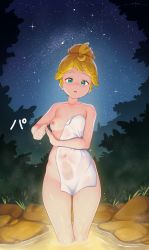 Rule 34 | 1girl, blonde hair, breasts, bush, collarbone, commentary, covering privates, feet out of frame, gesture, green eyes, hair bun, hands up, highres, hijirisawa yuuna, looking at viewer, love live!, love live! superstar!!, navel, night, night sky, nipples, nude, nude cover, one breast out, onsen, outdoors, parted lips, see-through, short hair, single hair bun, sky, small breasts, solo, sparkle, standing, star (sky), stone, teeth, towel, translated, tree, unsfrau, upper teeth only, wading, water, water drop, wet, wet towel