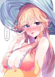 Rule 34 | 1girl, absurdres, annoyed, azur lane, bare shoulders, blonde hair, breasts, commentary request, hat, highres, himiya jouzu, large breasts, long hair, looking at viewer, manjuu (azur lane), one-piece swimsuit, pink one-piece swimsuit, red eyes, richelieu (azur lane), richelieu (fleuron of the waves) (azur lane), sun hat, swimsuit, translation request, white headwear