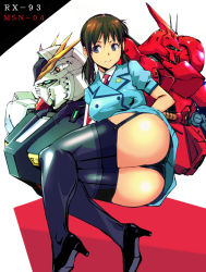 Rule 34 | 1girl, ass, bad id, bad pixiv id, black footwear, black panties, black thighhighs, blue eyes, blue skirt, brown hair, buttons, char&#039;s counterattack, commentary request, double-breasted, extra, garter straps, gundam, high heels, jacket, kamisimo 90, kneepits, legs, legs together, lying, mecha, necktie, nu gundam, on side, panties, presenting, red neckwear, robot, sazabi, shirt, short sleeves, skirt, smile, thighhighs, thighs, underwear, uniform, white shirt