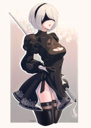 Rule 34 | 1girl, artist name, black blindfold, black dress, black thighhighs, blindfold, bob cut, breasts, cleavage, cleavage cutout, clothing cutout, cropped legs, dress, feather-trimmed sleeves, gloves, groin, hairband, highres, holding, holding weapon, juliet sleeves, katana, leg cutout, leotard, leotard peek, long sleeves, medium breasts, mole, mole under mouth, nier (series), parted lips, puffy sleeves, short hair, skindentation, solo, sword, thighhighs, weapon, 2b (nier:automata)
