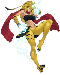 Rule 34 | 1girl, abs, animal ears, bandeau, bare shoulders, blonde hair, blue eyes, breasts, claws, covered erect nipples, female focus, full body, glowing, glowing hands, glowing horns, horns, large breasts, leg lift, long hair, monster girl, muscular, muscular female, raijuu (tokyo tenma), scarf, showgirl skirt, sidelocks, simple background, single horn, solo, spacezin, strapless, tail, tokyo tenma, tokyo tenma: devil slave, tube top, white background