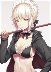 Rule 34 | 1girl, artoria pendragon (all), artoria pendragon (alter swimsuit rider) (fate), artoria pendragon (alter swimsuit rider) (second ascension) (fate), artoria pendragon (fate), bikini, bikini under clothes, black jacket, blonde hair, braid, breasts, cleavage, collarbone, detached collar, fate/grand order, fate (series), french braid, hand on own hip, highres, holding, jacket, long sleeves, looking at viewer, maid, maid bikini, maid headdress, medium breasts, navel, pdxen, ribbon-trimmed collar, ribbon trim, saber alter, short hair, simple background, solo, swimsuit, unconventional maid, upper body, yellow eyes