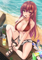 Rule 34 | 1girl, arrow through heart, beach, bikini, breasts, can, cleavage, commentary request, dolphin shorts, drink can, earrings, fang, heterochromia, hololive, houshou marine, houshou marine (summer), jewelry, keyboard (computer), large breasts, microphone, necklace, nekoyaso, open mouth, red bikini, red hair, sandals, shorts, skin fang, soda can, solo, swimsuit, thigh strap, underboob, virtual youtuber