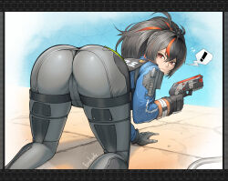 Rule 34 | !, 1girl, absurdres, ahoge, all fours, ass, black gloves, black hair, black pants, blue jacket, breasts, closed mouth, clothes writing, commentary, erodrunky, flying sweatdrops, full body, gloves, gun, hair between eyes, high-waist pants, highres, holding, holding gun, holding weapon, holster, jacket, long hair, metal hairband, multicolored hair, pants, police, police uniform, policewoman, ponytail, red eyes, red hair, shadow, shoulder holster, sidelocks, signature, solo, spoken exclamation mark, streaked hair, tight clothes, tight pants, two-tone hair, weapon, zenless zone zero, zhu yuan